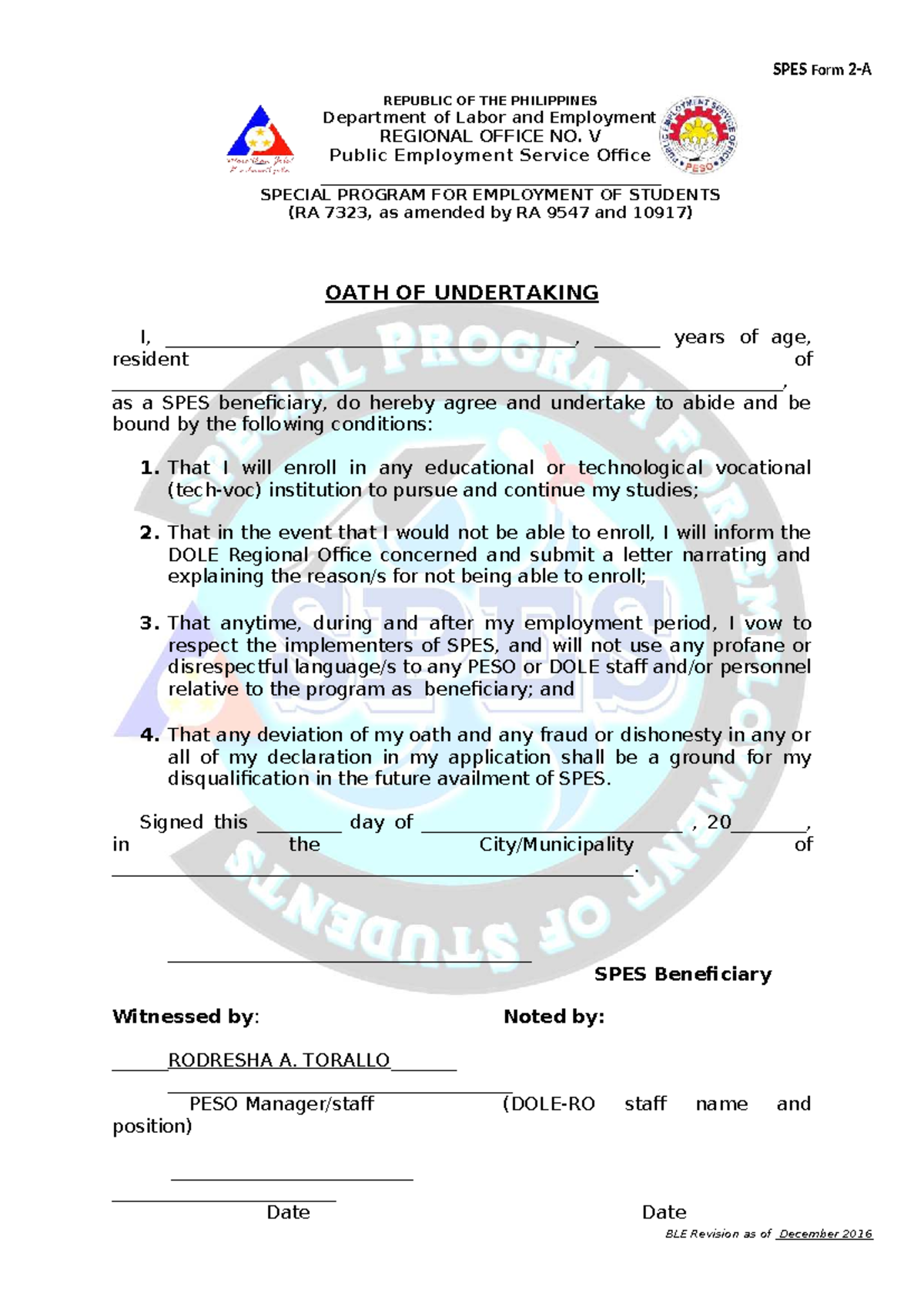 SPES Form 2: Oath of Undertaking for Student Employment Program - Studocu