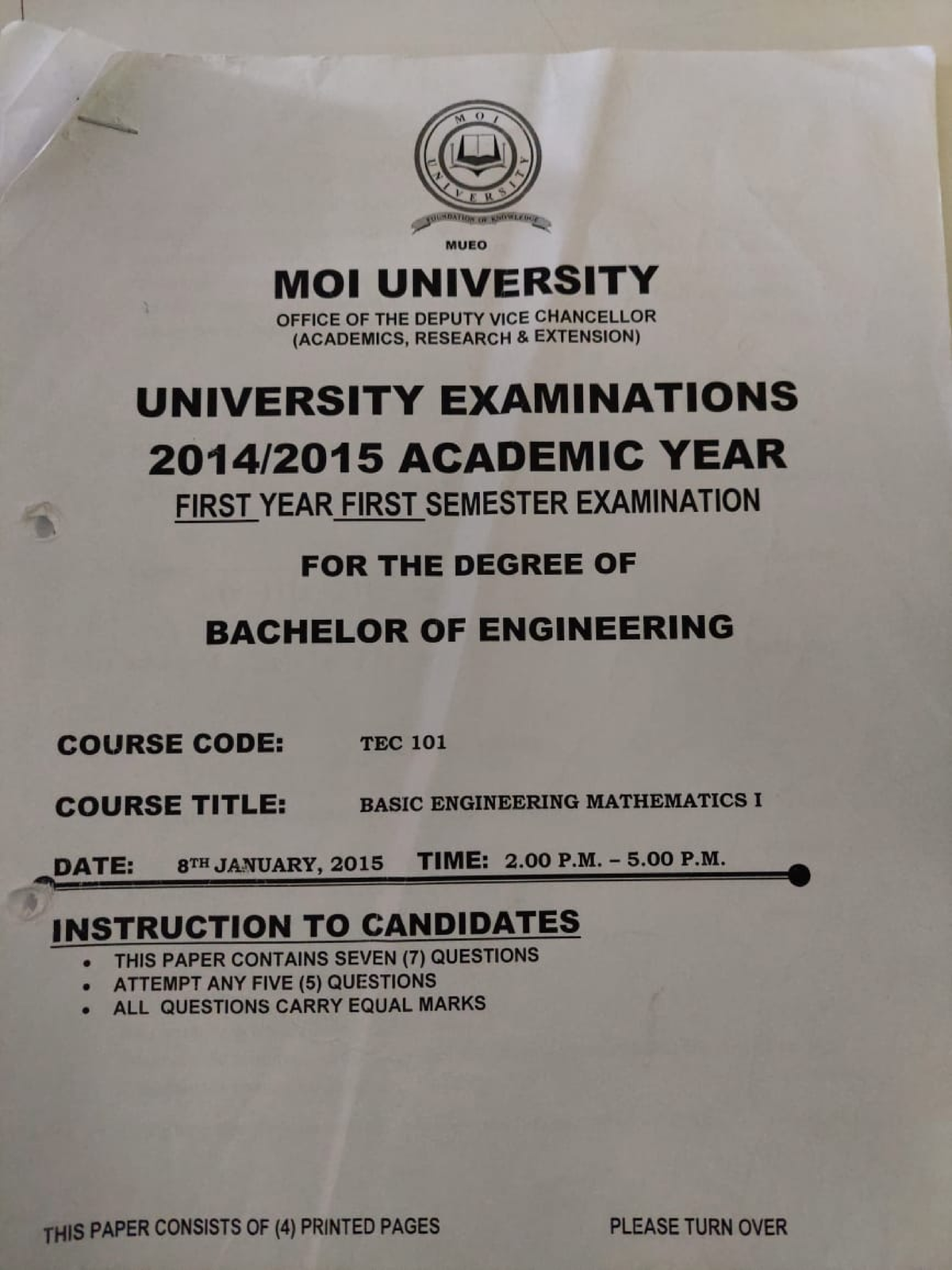 Basic Engineering Mathematics I - TEC 101 Exam Questions - Studocu