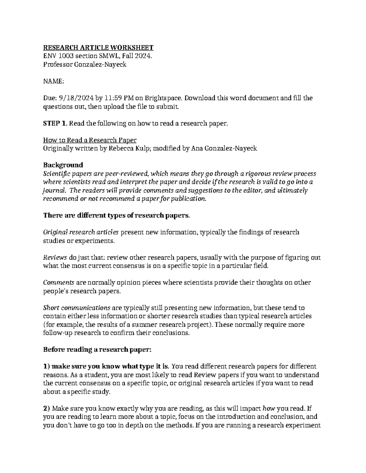 Research Paper Worksheet for ENV 1003 - Fall 2024 - Studocu