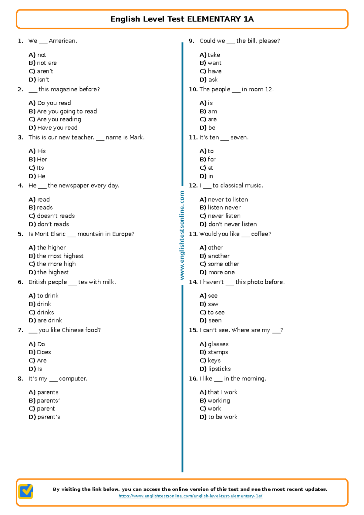 Elementary English Level Test 1A - Practice Questions & Answer Key ...