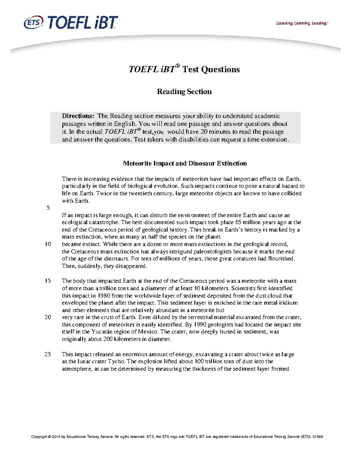 TOEFL iBT Reading & Listening Test Questions and Sample Passages - Studocu
