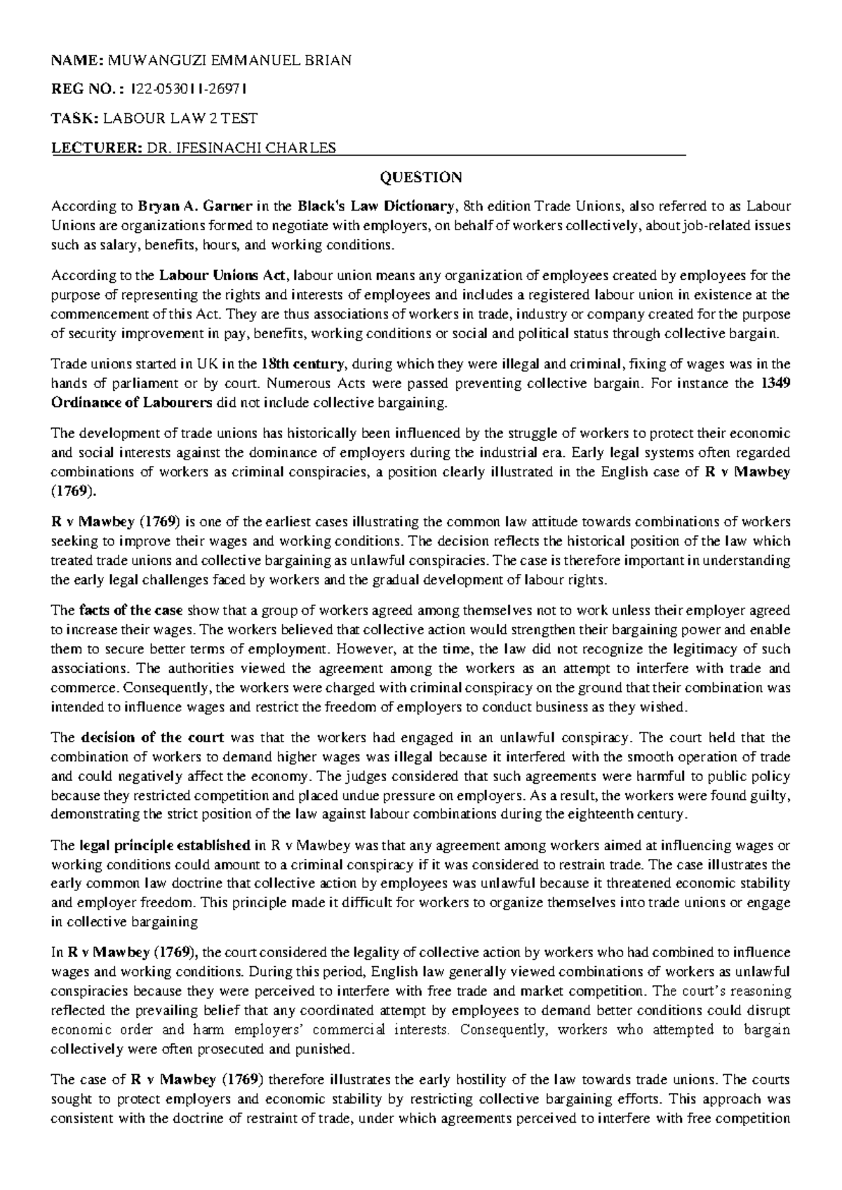 Labour Law 2 Test: Key Insights on Trade Unions and R v Mawbey - Studocu