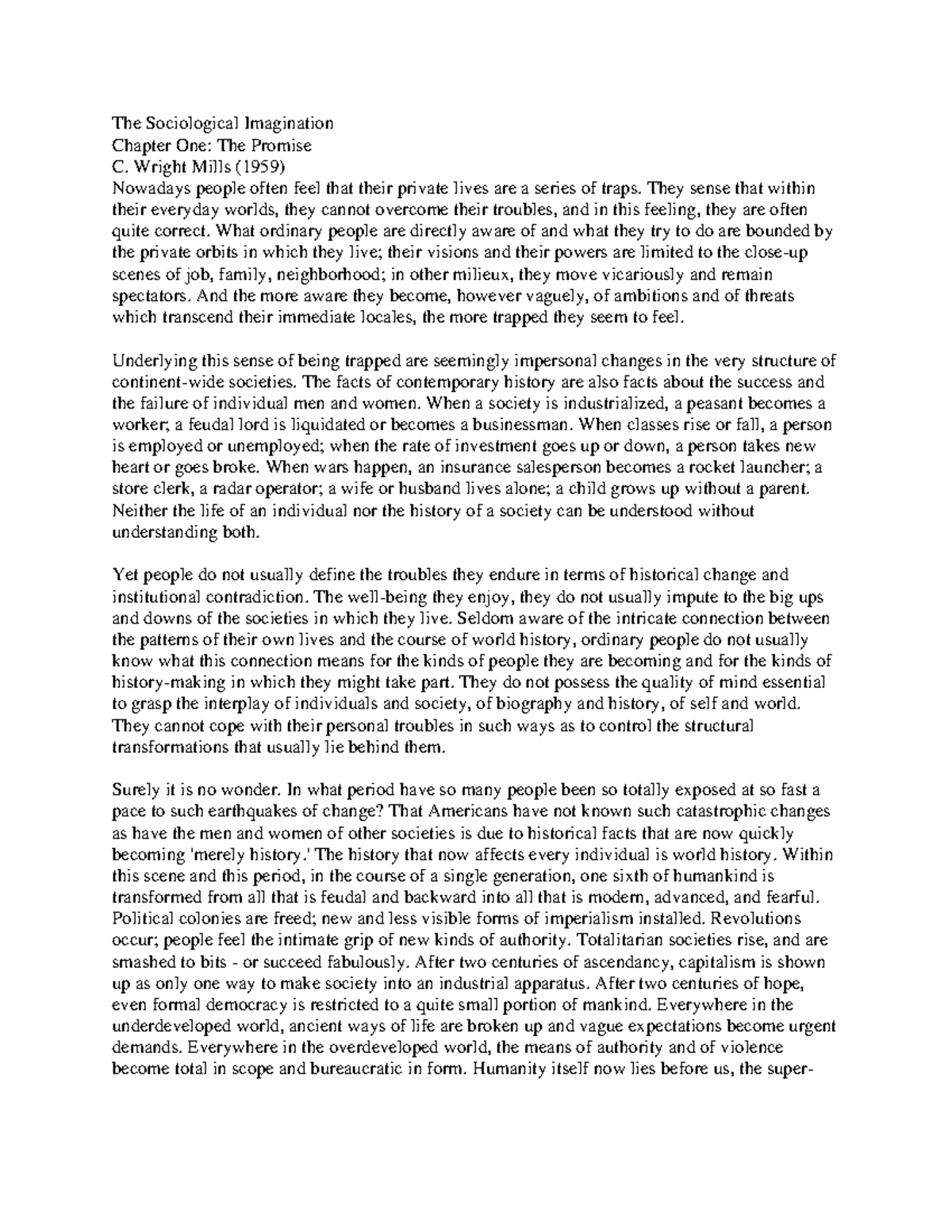 Chapter 1: The Promise of the Sociological Imagination - SOC 101 Notes ...