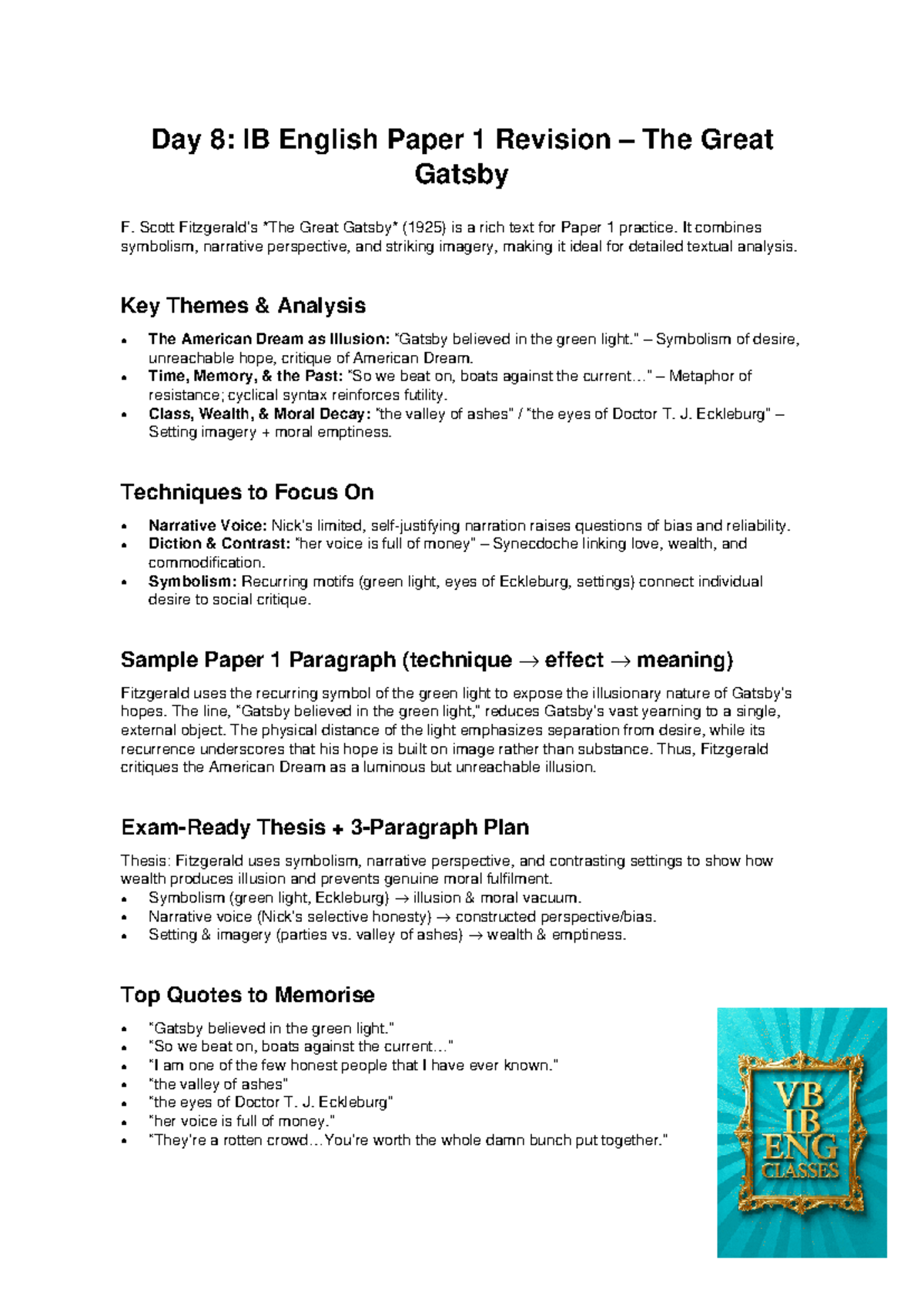 Day 8: IB English Paper 1 Revision Cheat Sheet on The Great Gatsby ...