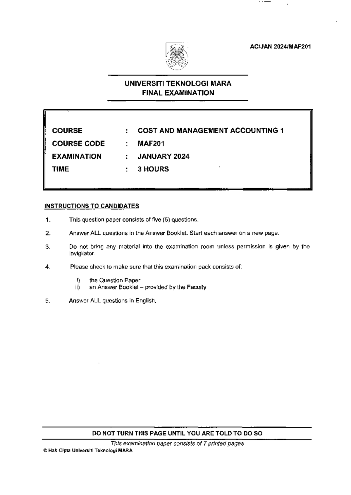Final Exam MAF201 - Cost and Management Accounting 1 - Jan 2024 - Studocu
