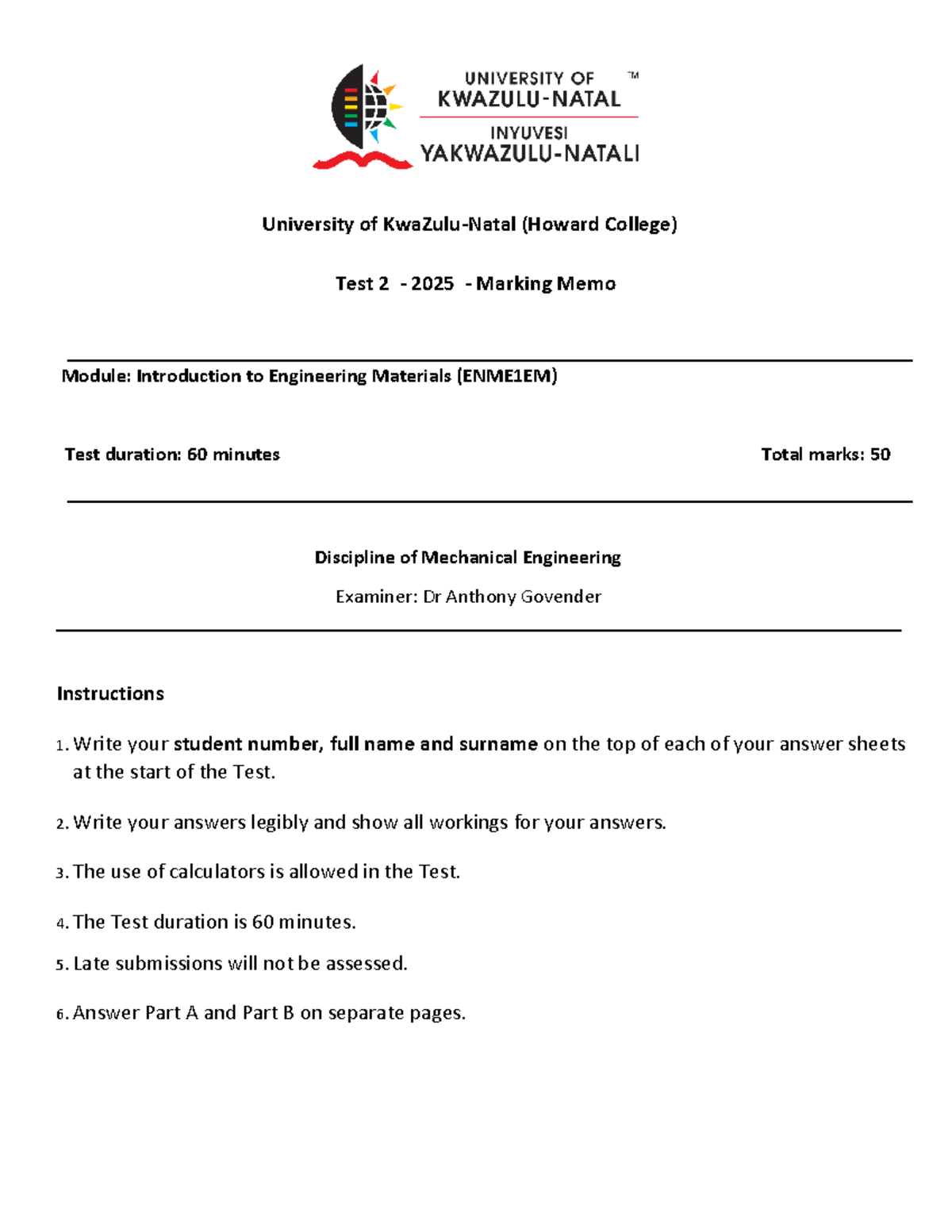 Test 2 2025 Marking Memo for ENME1EM: Intro to Engineering Materials ...