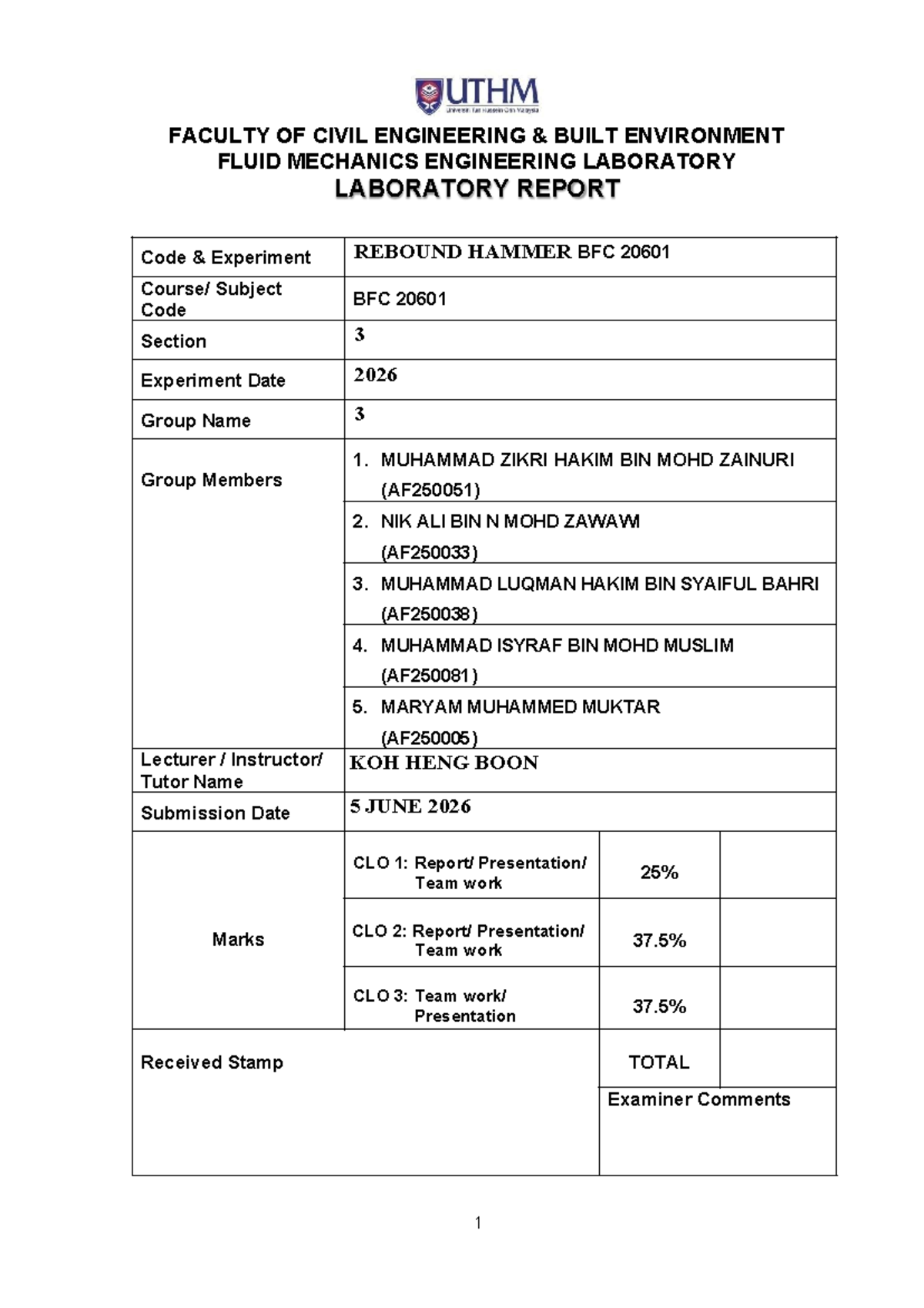 Rebound Hammer Lab Report - BFC 20601 - Civil Engineering - Studocu