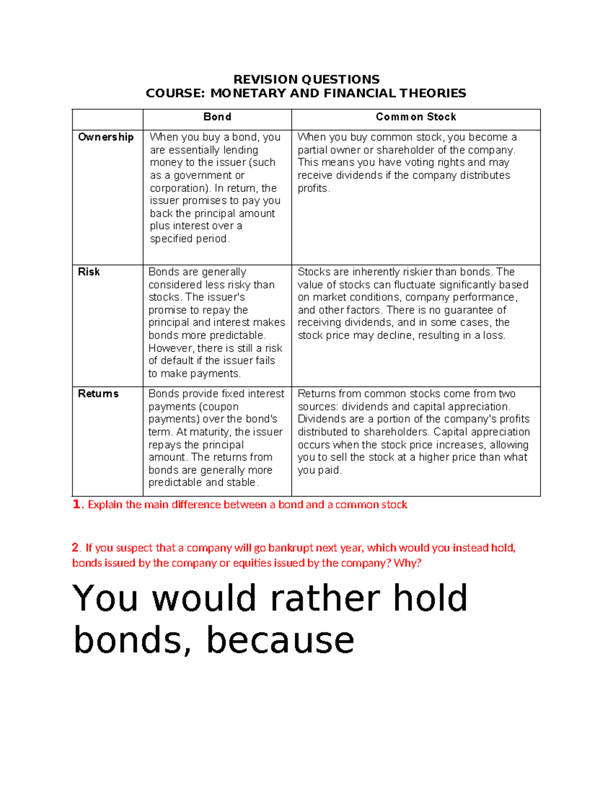Revision Questions for Monetary and Financial Theories (L Ttctt) - Studocu