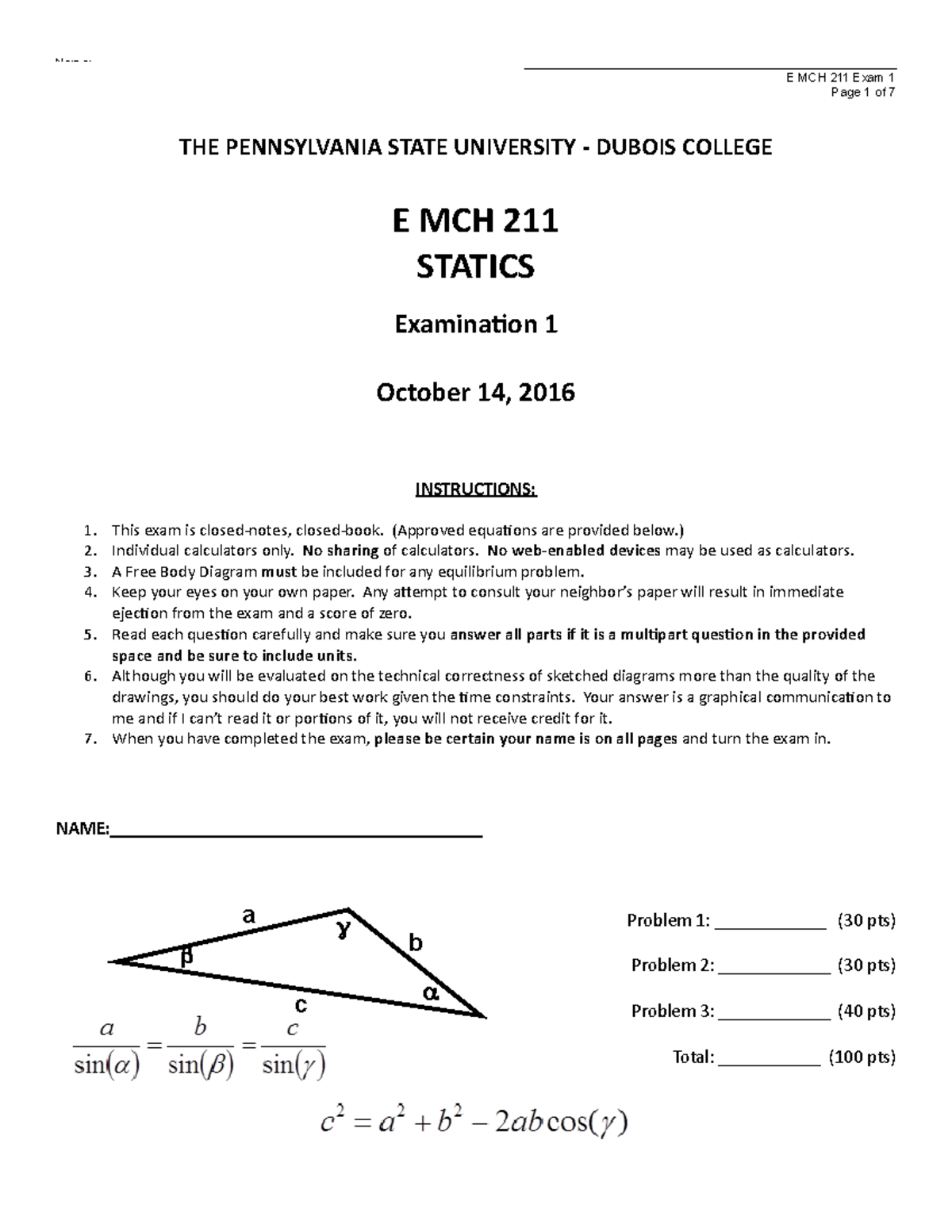 EMCH211 Exam 1 Practice - Statics Review 2016 - Studocu