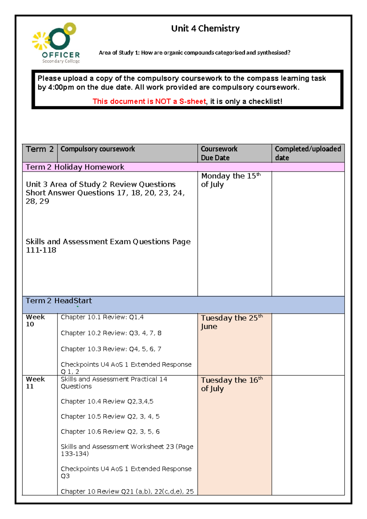 Unit 4 Chemistry AoS 1: Compulsory Coursework Checklist - Studocu