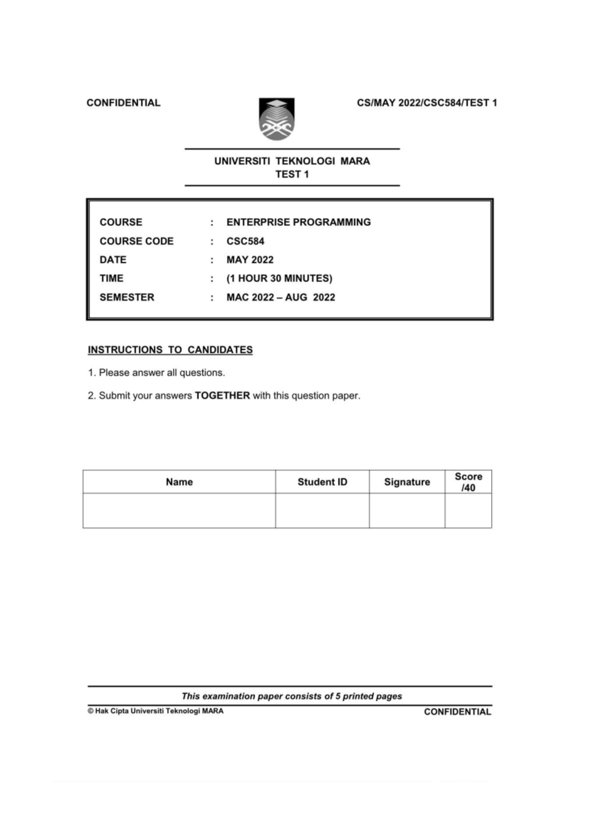 Test 1 CSC584 - Enterprise Programming - May 2022 - Studocu
