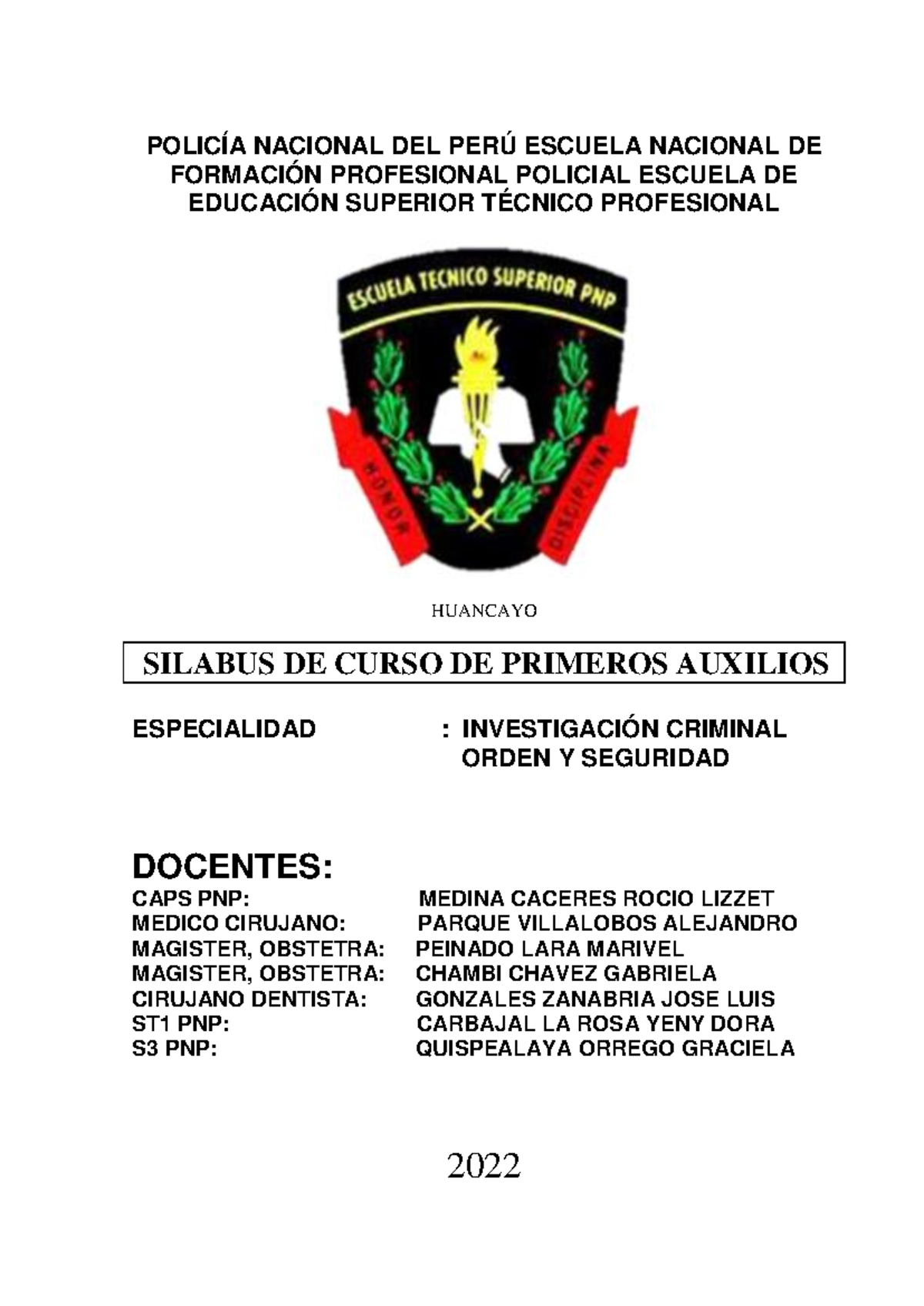 Silabo Curso Primeros Auxilios 2022 - EESTP PNP Huancayo - Document Preview