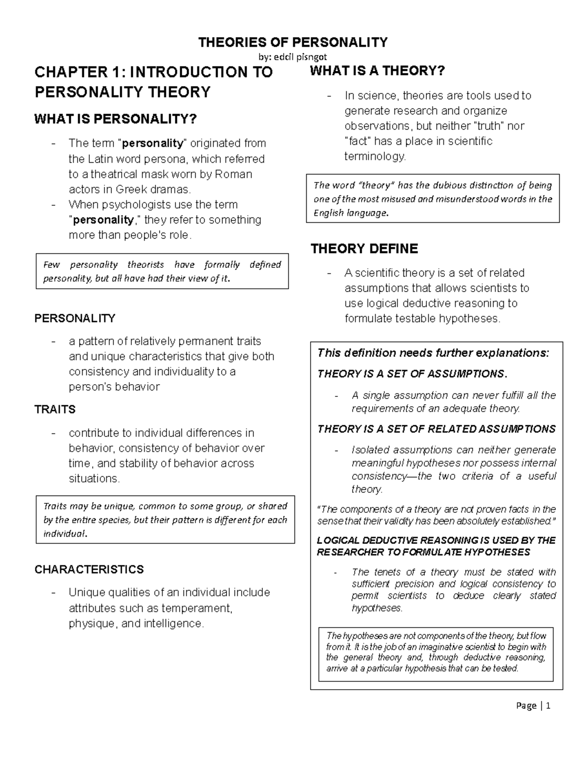 THEORIES OF PERSONALITY: EDCL PISNGOT CHAPTER 1 - INTRODUCTION TO ...