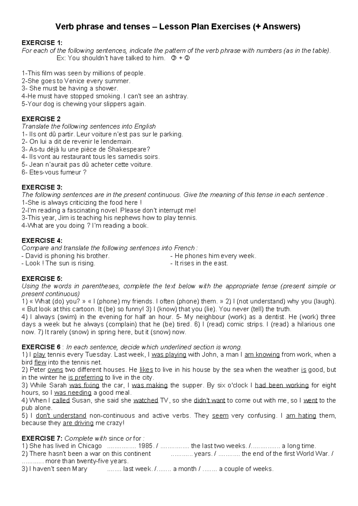 Verb Phrase and Tenses - Lesson Plan Exercises with Answers (ENG) - Studocu