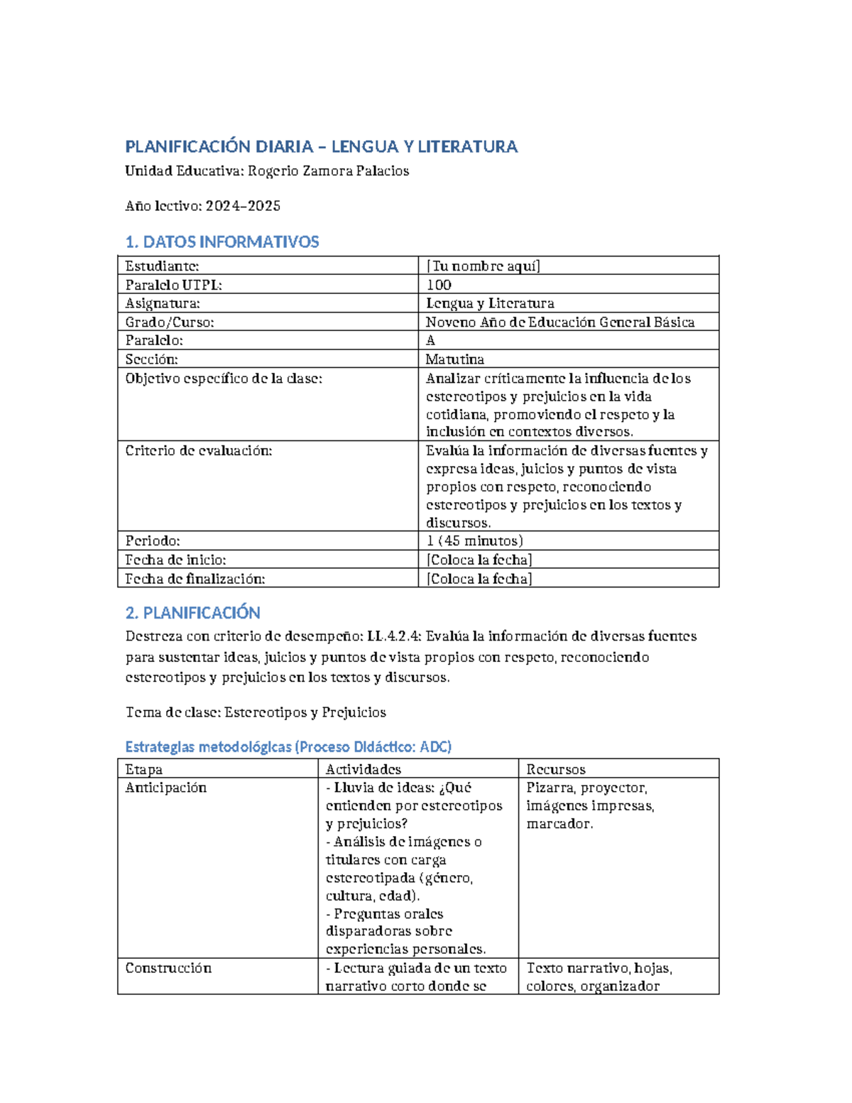 Planificación Diaria Lengua y Literatura: Estereotipos y Prejuicios - 9 ...