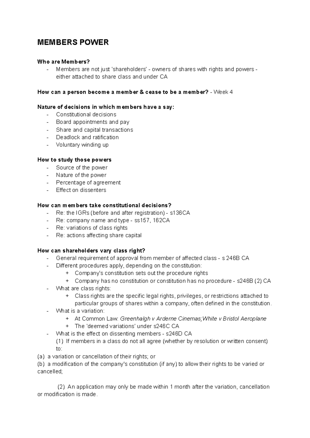 LAWS3100 - Lecture Notes on Shareholder Rights and Class Actions - Studocu
