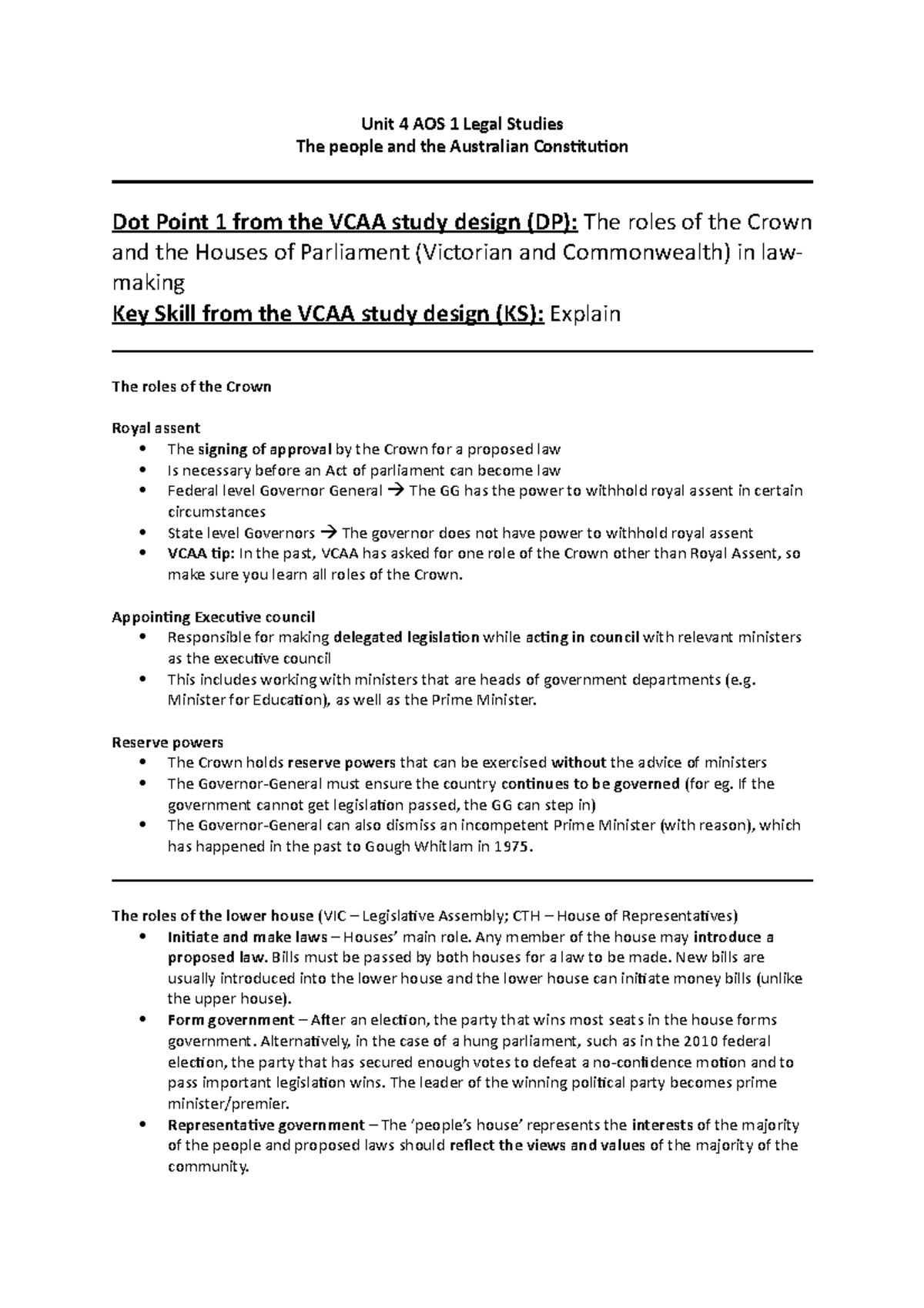 Unit 4 AOS 1 - Legal Notes on Crown Roles & Law-Making Powers - Studocu