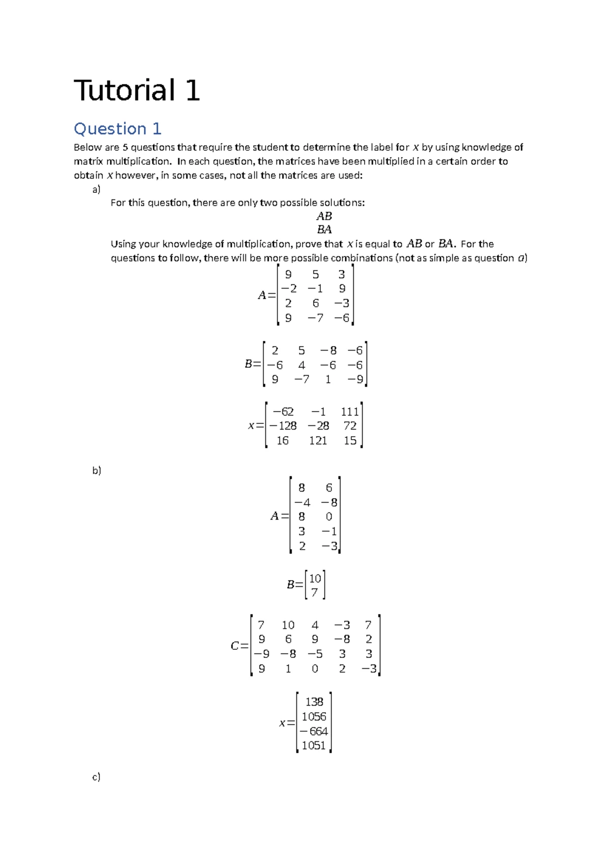 Tutorial 1 Solutions: Matrix Multiplication & Conformability Assessment ...