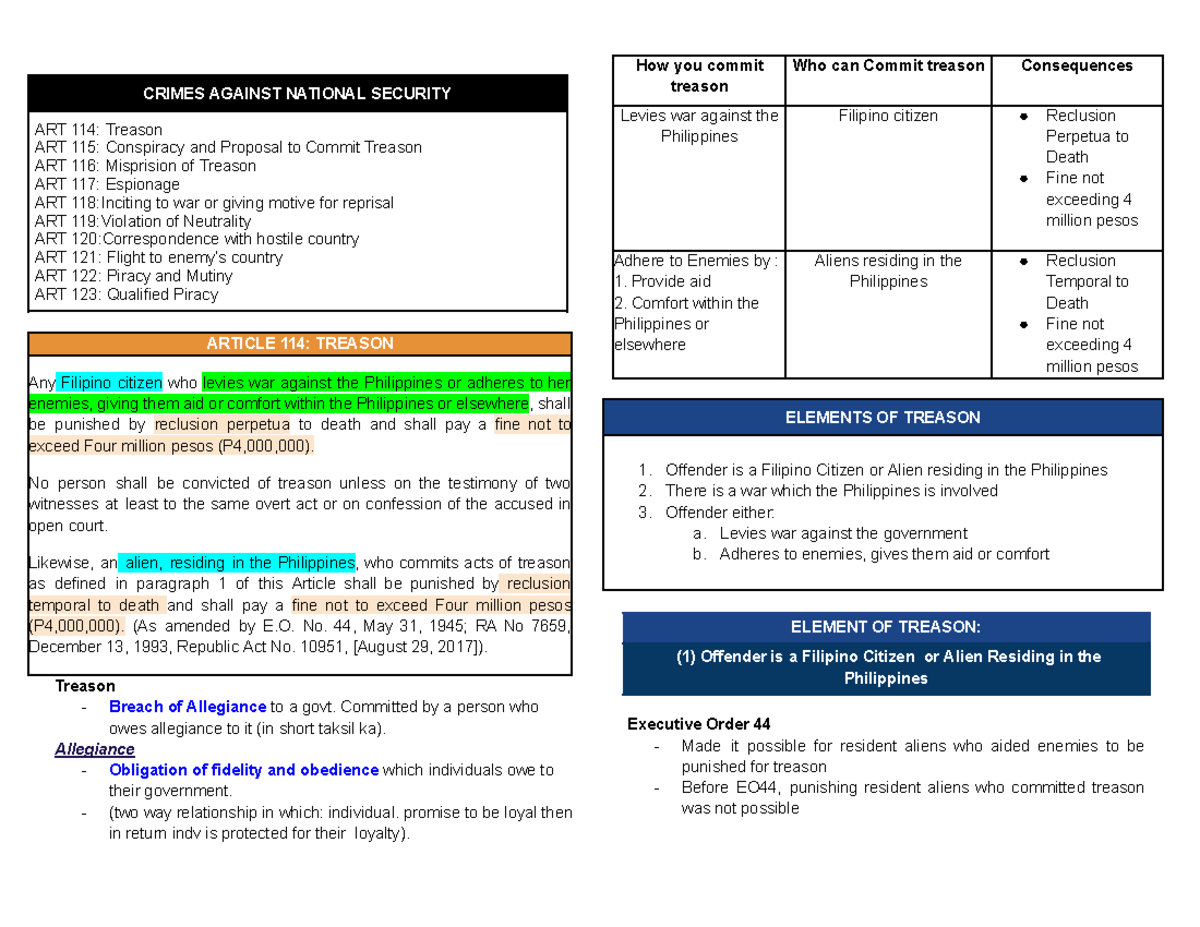 CRIM II-PRE Midterms Notes - CRIMES AGAINST NATIONAL SECURITY ART 114 ...