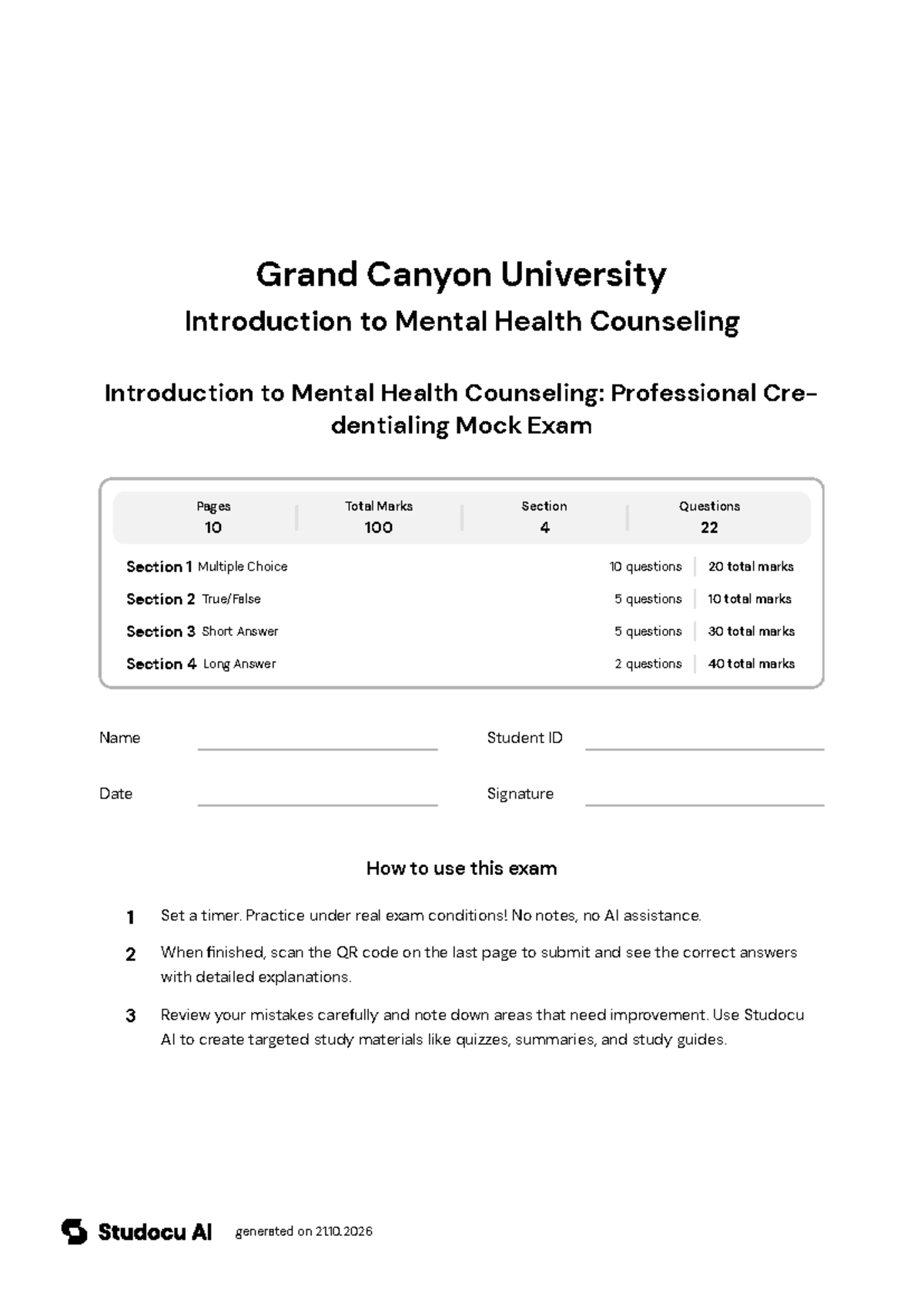 Mental Health Counseling Credentialing Mock Exam - Studocu