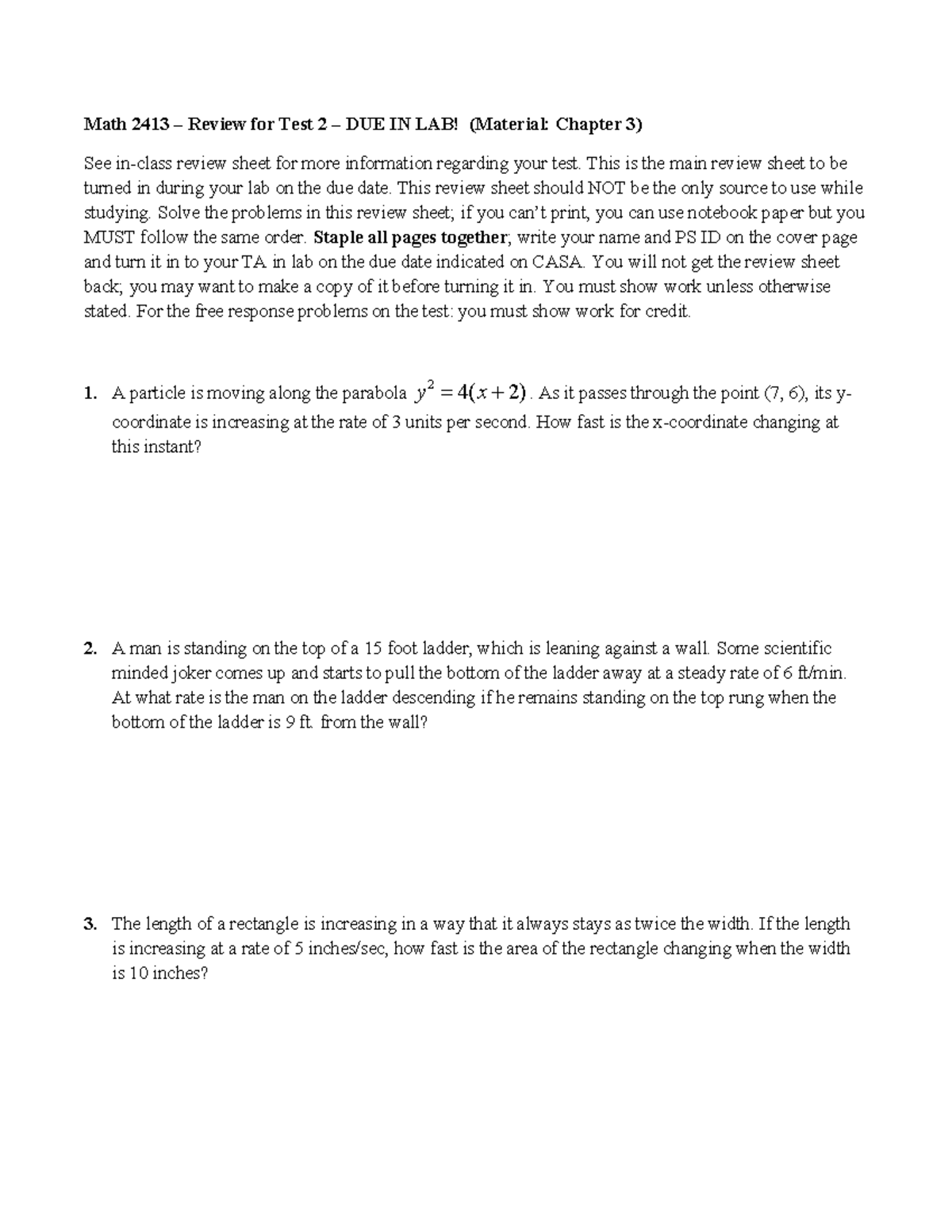 Math 2413 Test 2 Main Review Sheet - Lab Submission - Studocu