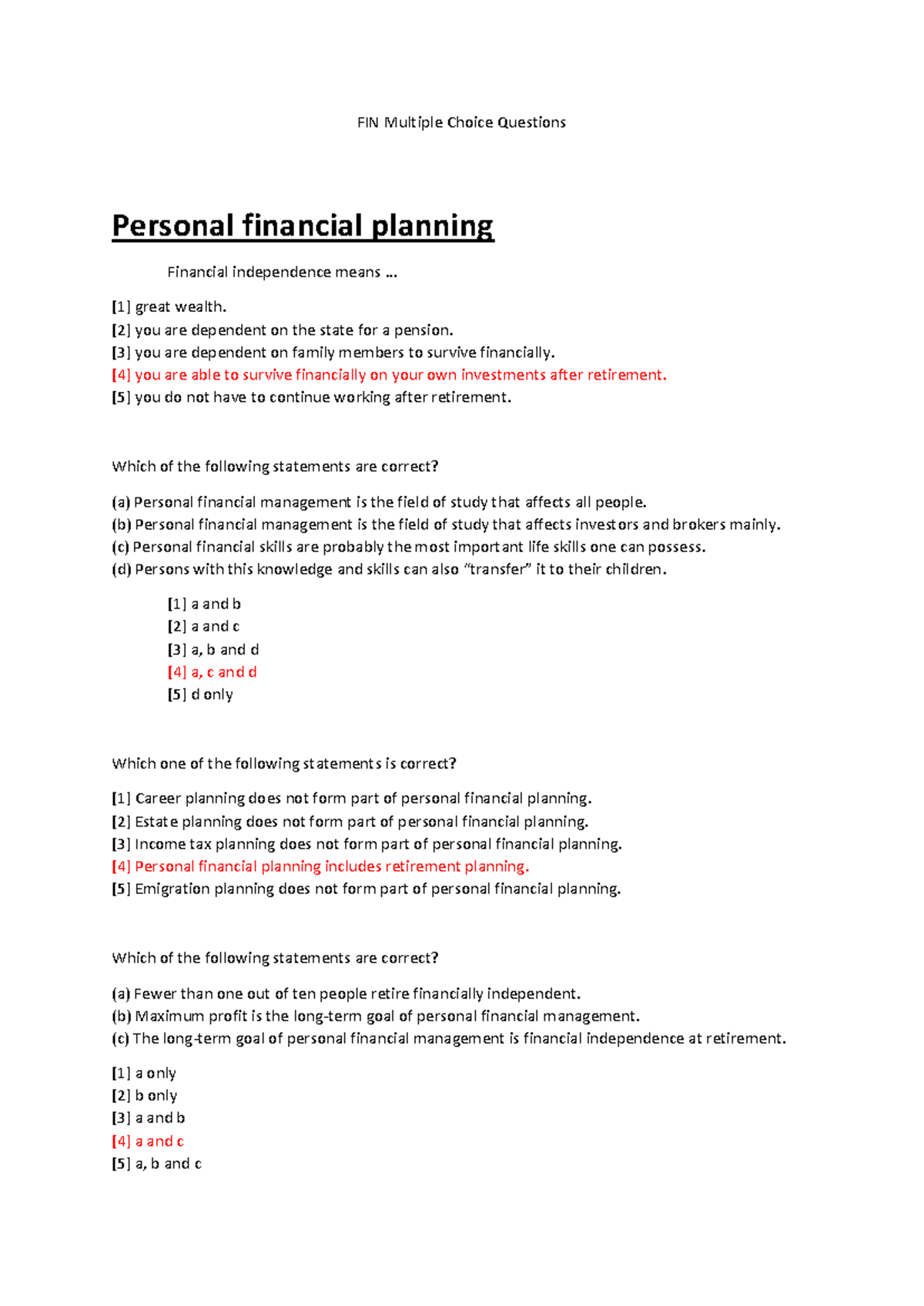 FIN2602 Multiple Choice Questions on Personal Financial Planning - Studocu