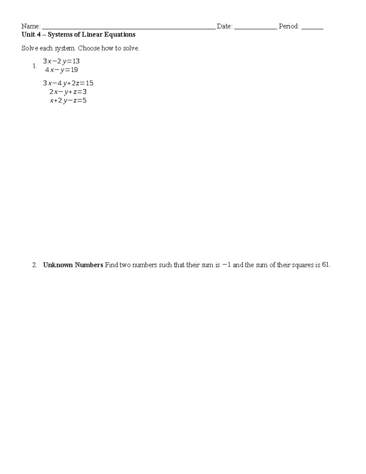 Unit 4 Systems of Linear Equations: Problem Solving & Matrix Operations ...