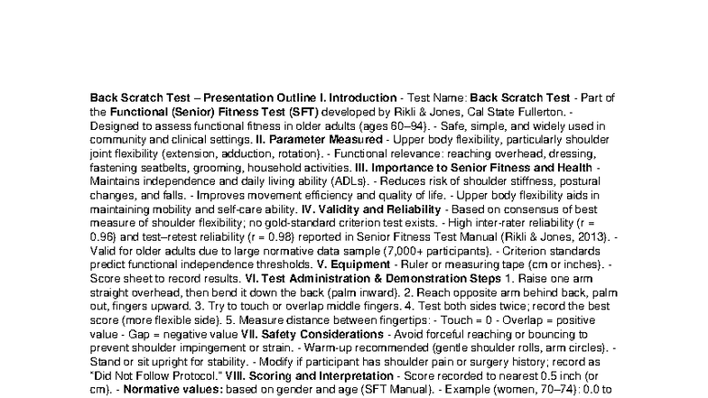 Back Scratch Test Presentation Outline - SFT for Seniors - Studocu