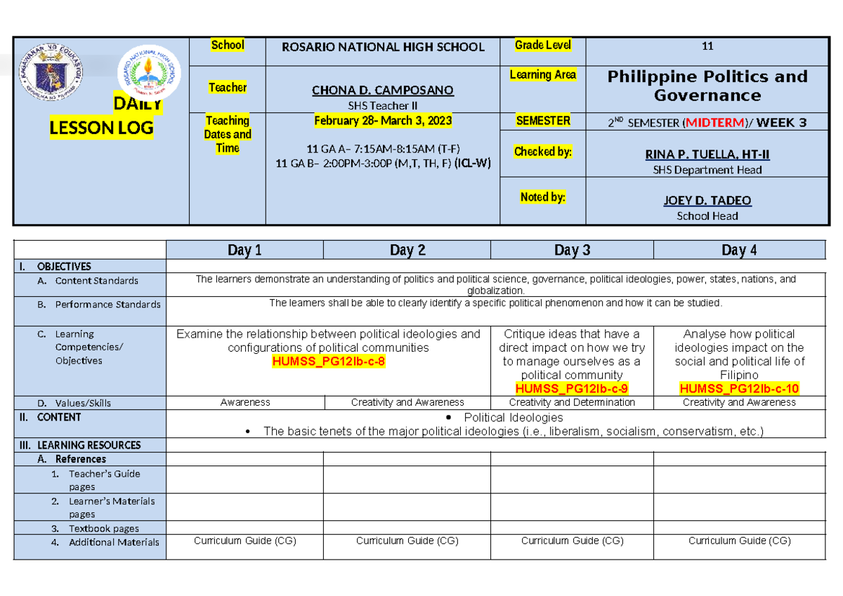 PPG DLL Q3 WEEK 3 - Daily Lesson Log for Philippine Politics - Studocu