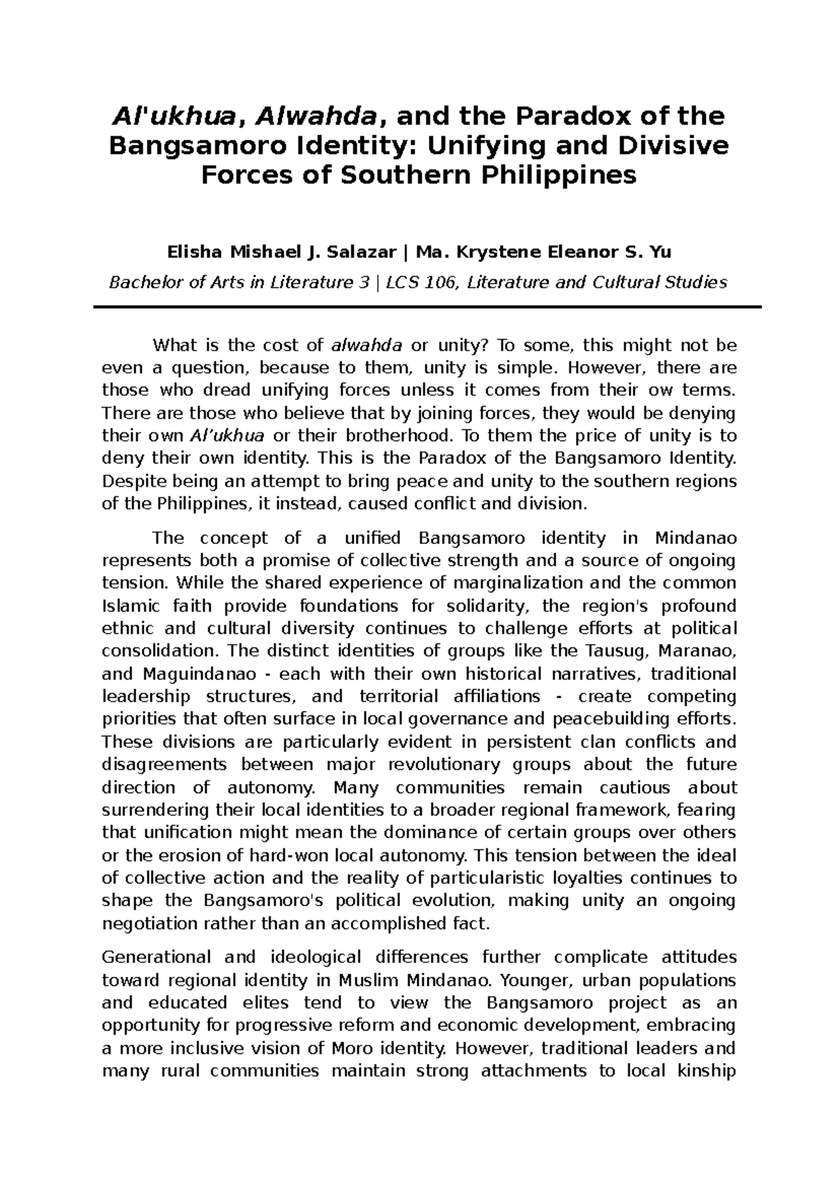 LCS 106: The Bangsamoro Identity Paradox - Unity vs. Division - Studocu