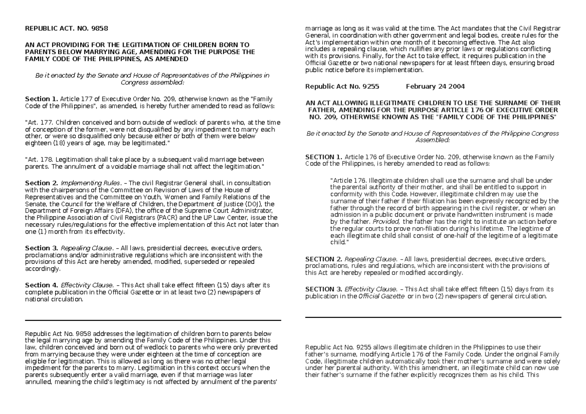 Republic Act No. 9858: Legitimation of Children Born to Underage ...
