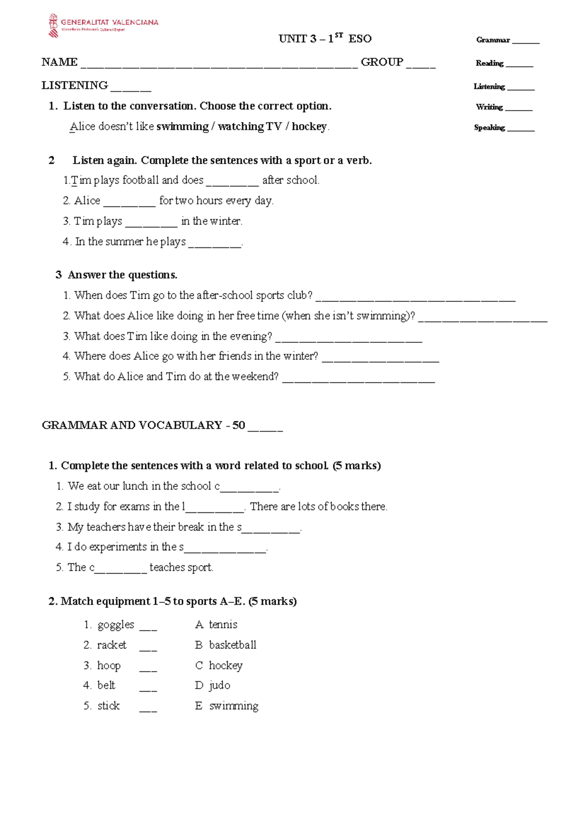 Unit 3 Exam - 1st ESO Grammar & Listening Activities - Studocu
