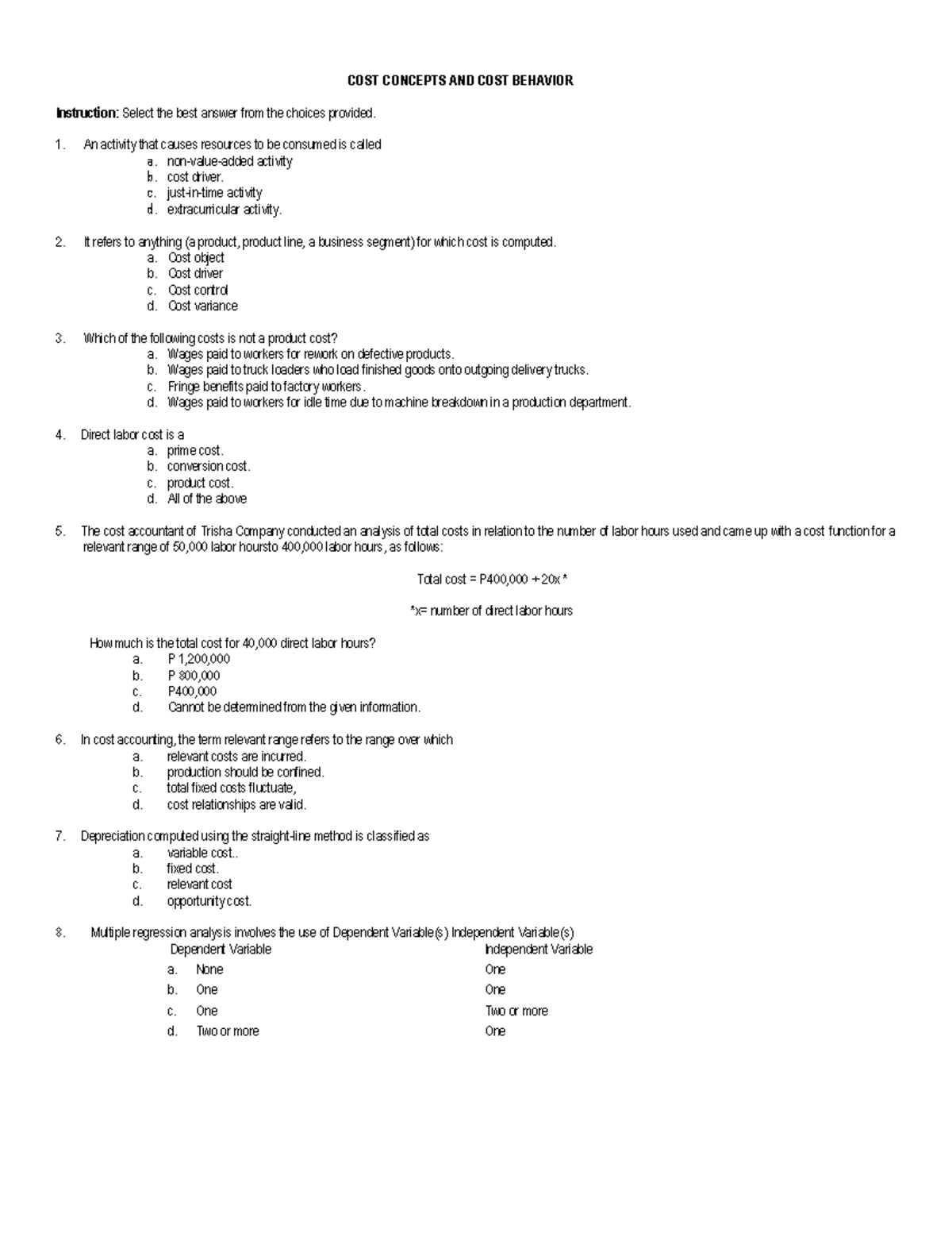 Q2 COST CONCEPTS AND COST BEHAVIOR: Multiple Choice Questions - Studocu