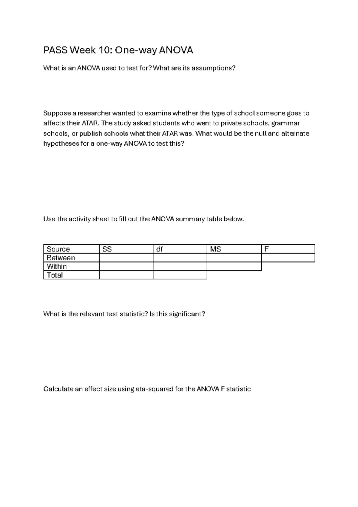 PASS Week 10: ANOVA Analysis and Hypothesis Testing - Studocu