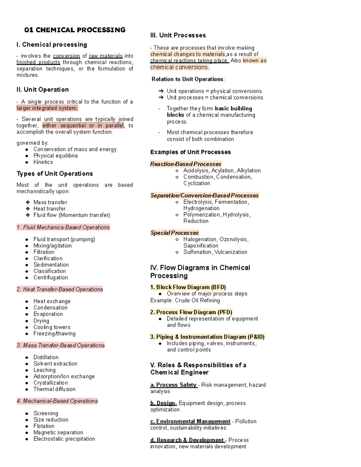 CPI Notes - None - 01 CHEMICAL PROCESSING I. Chemical processing ...