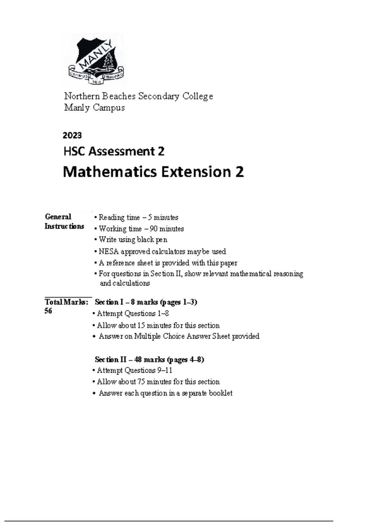 Manly 2023 HSC Mathematics Extension 2 Assessment 2 Solutions - Studocu
