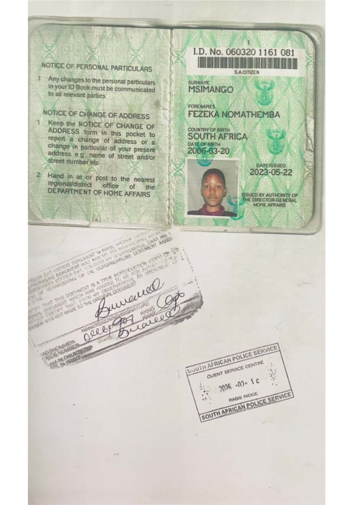 NOTICE OF CHANGE OF PERSONAL PARTICULARS - ID No. 060320 - Studocu