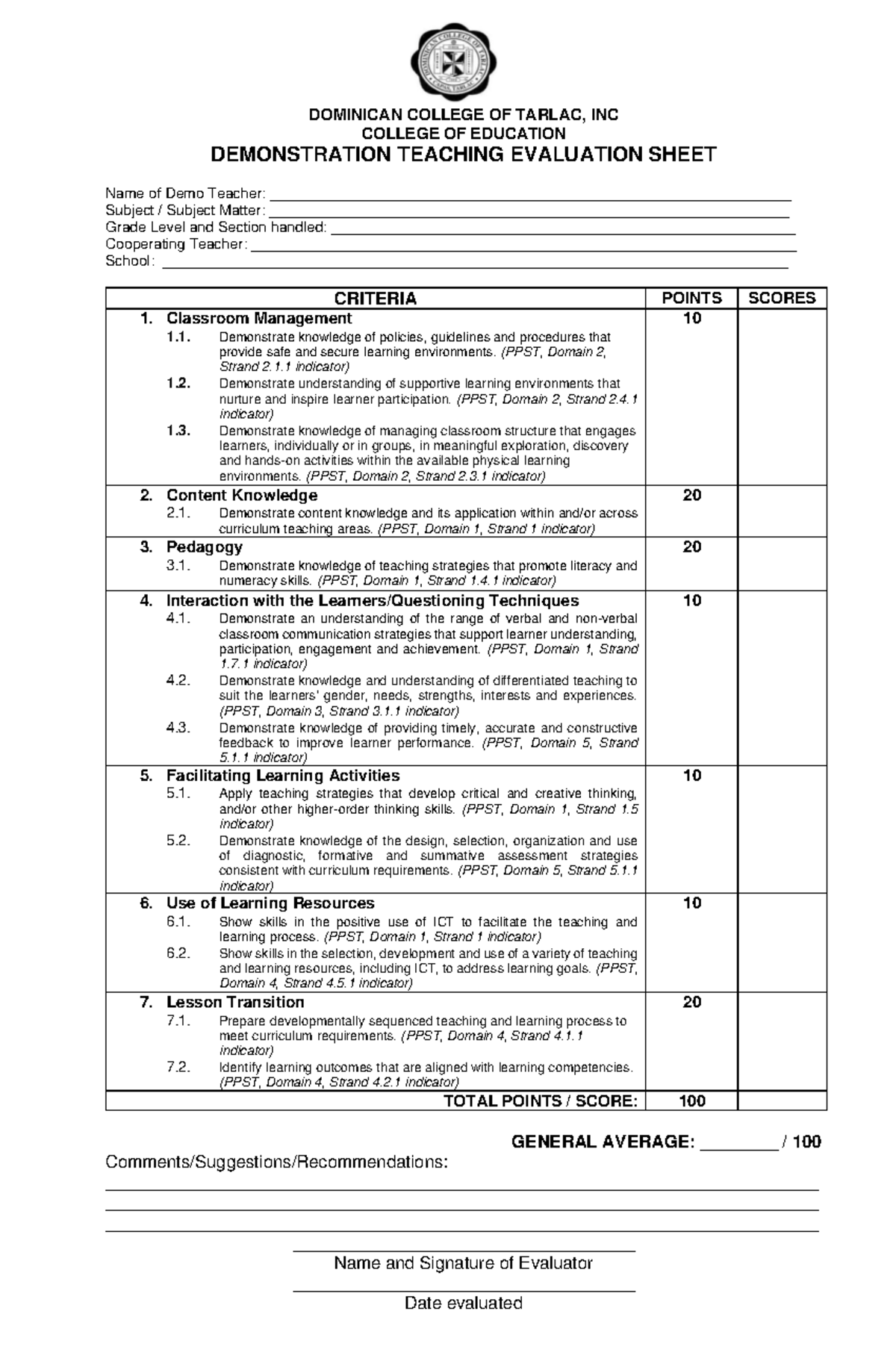 Demo Teaching Evaluation Sheet - PPST Criteria - Studocu