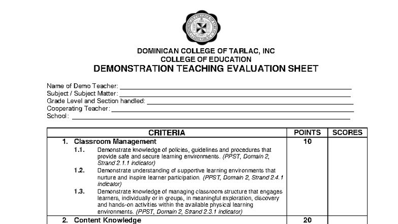 Demo Teaching Evaluation Sheet - PPST Criteria - Studocu