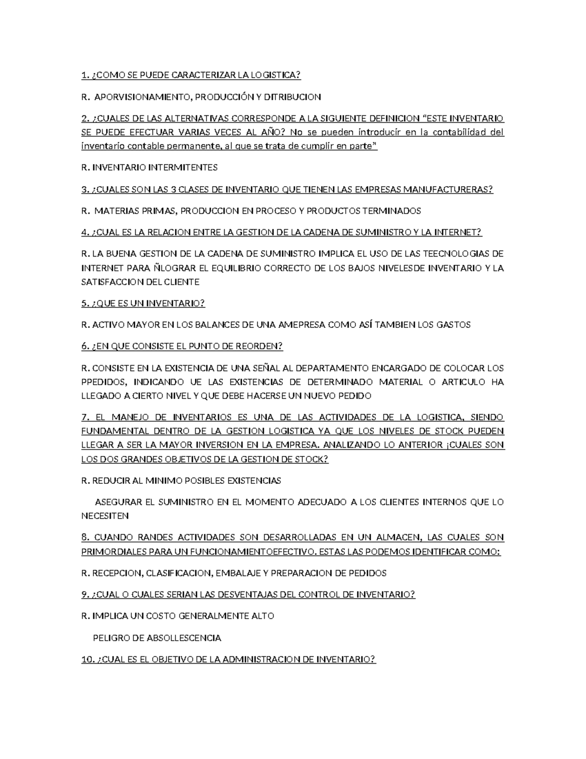 Examen de Logística: Apuntes sobre Inventarios y Gestión de Suministros ...