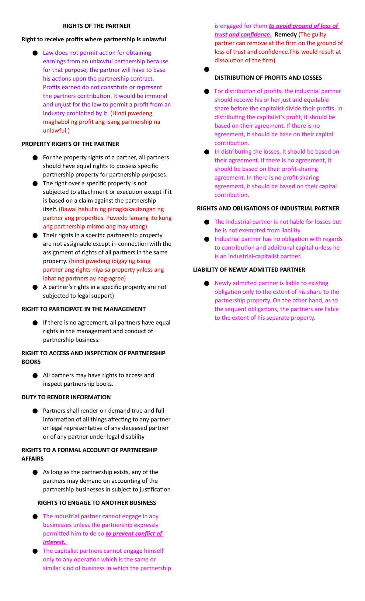 Reviewer-LAW - N/A - RIGHTS OF THE PARTNER Right to receive profits ...