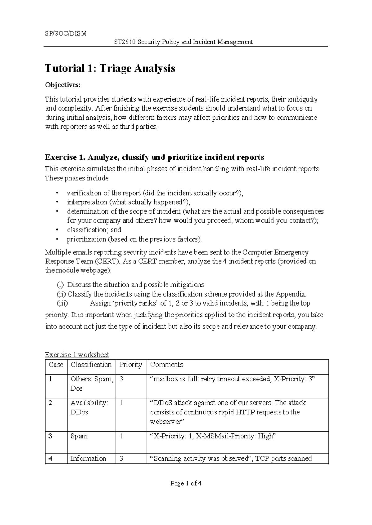 ST2610 Security Policy & Incident Management Tutorial 1: Triage ...