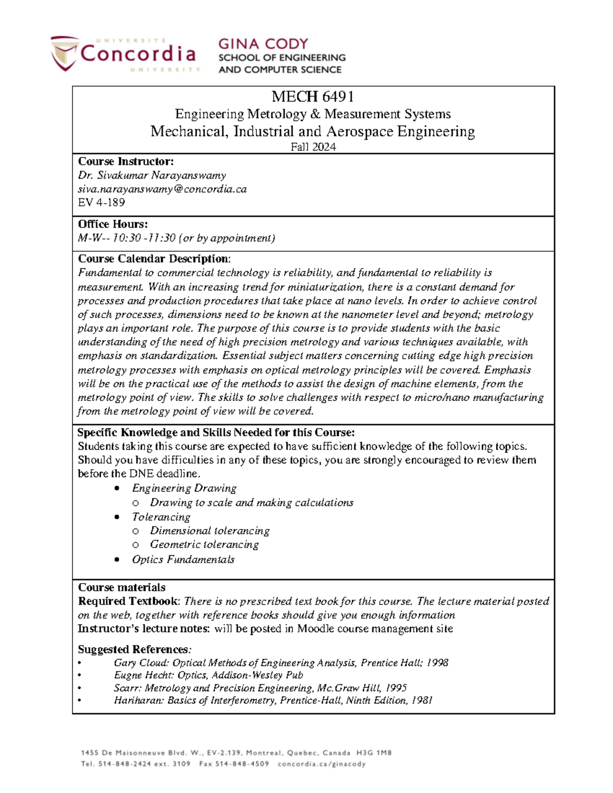 MECH 6491 Course Outline: Engineering Metrology & Measurement Systems ...