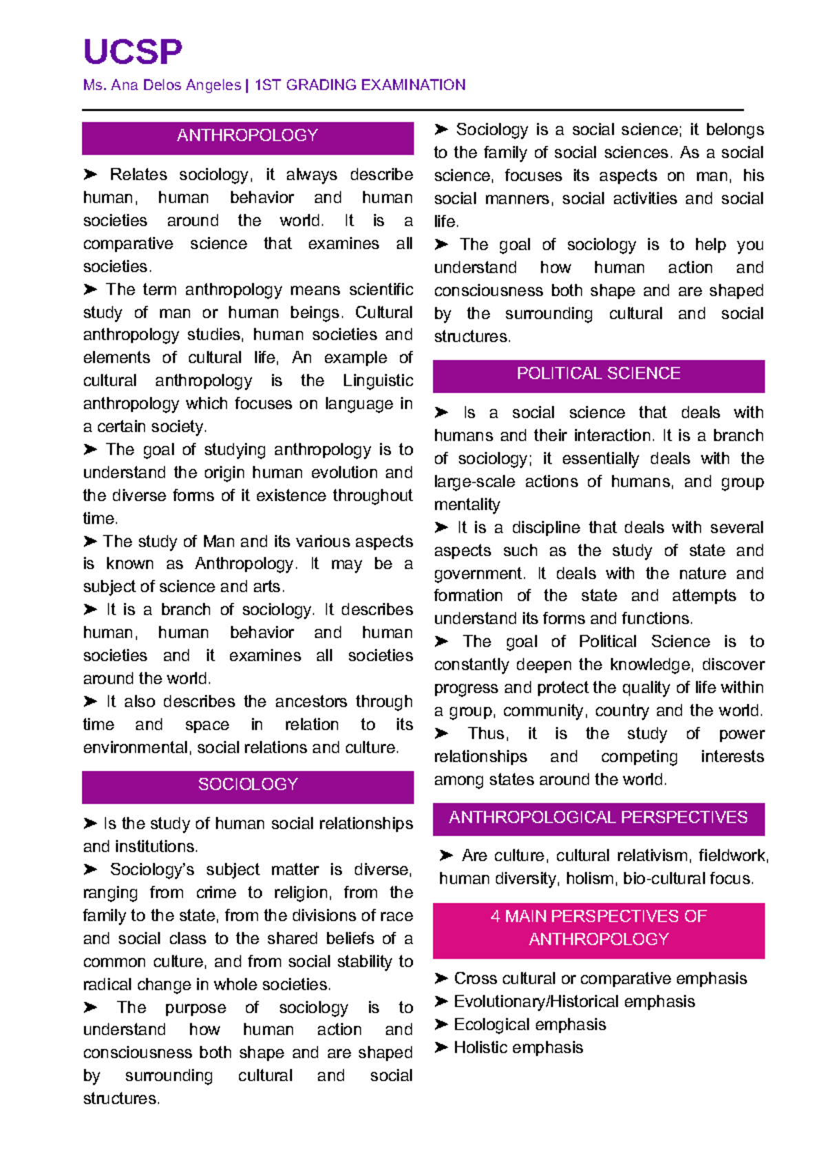 UCSP 1ST Grading Exam Study Notes: Anthropology, Sociology & Culture ...