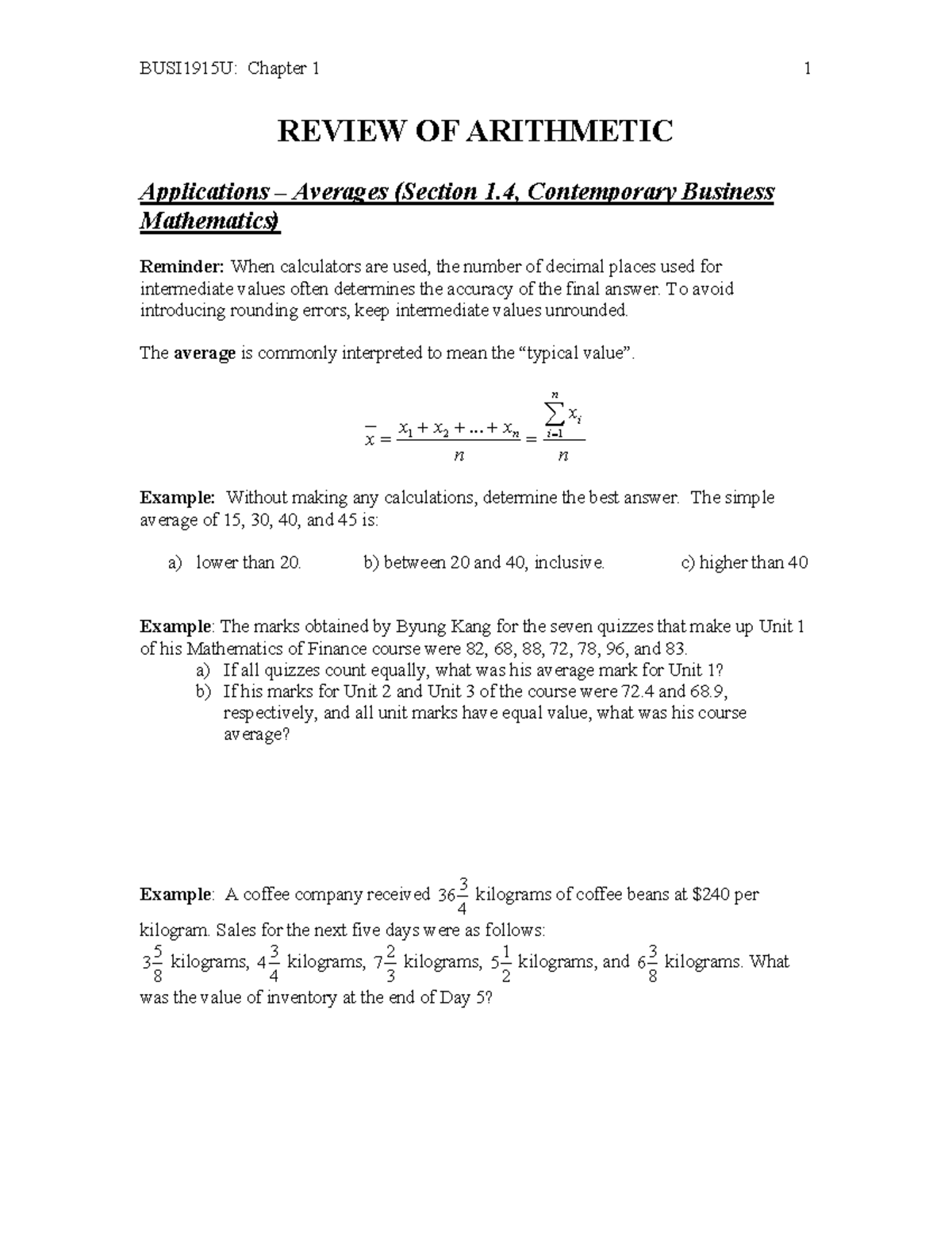 BUSI1915U: Chapter 1 Review of Arithmetic - Applications of Averages ...
