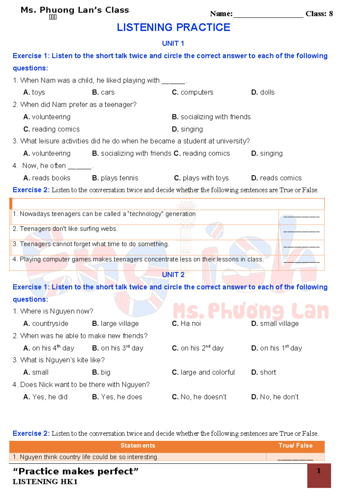 Listening Practice Exercises for Class 8: Unit 1-3 - Studocu