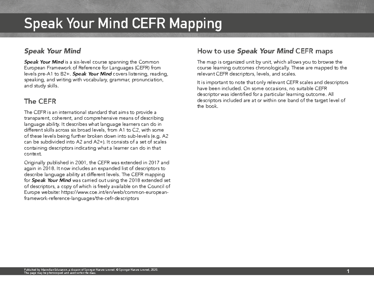 Speak Your Mind CEFR Correlation Level 1 - Speak Your Mind Speak Your ...