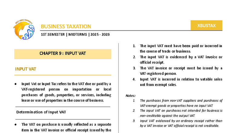 XBUSTAX BUSINESS TAXATION 1ST SEMESTER MIDTERMS 2025-2026: INPUT VAT ...