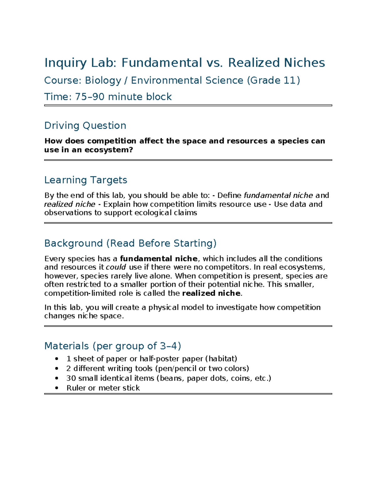 Inquiry Lab: Fundamental vs. Realized Niches - Biology 11 - Studocu