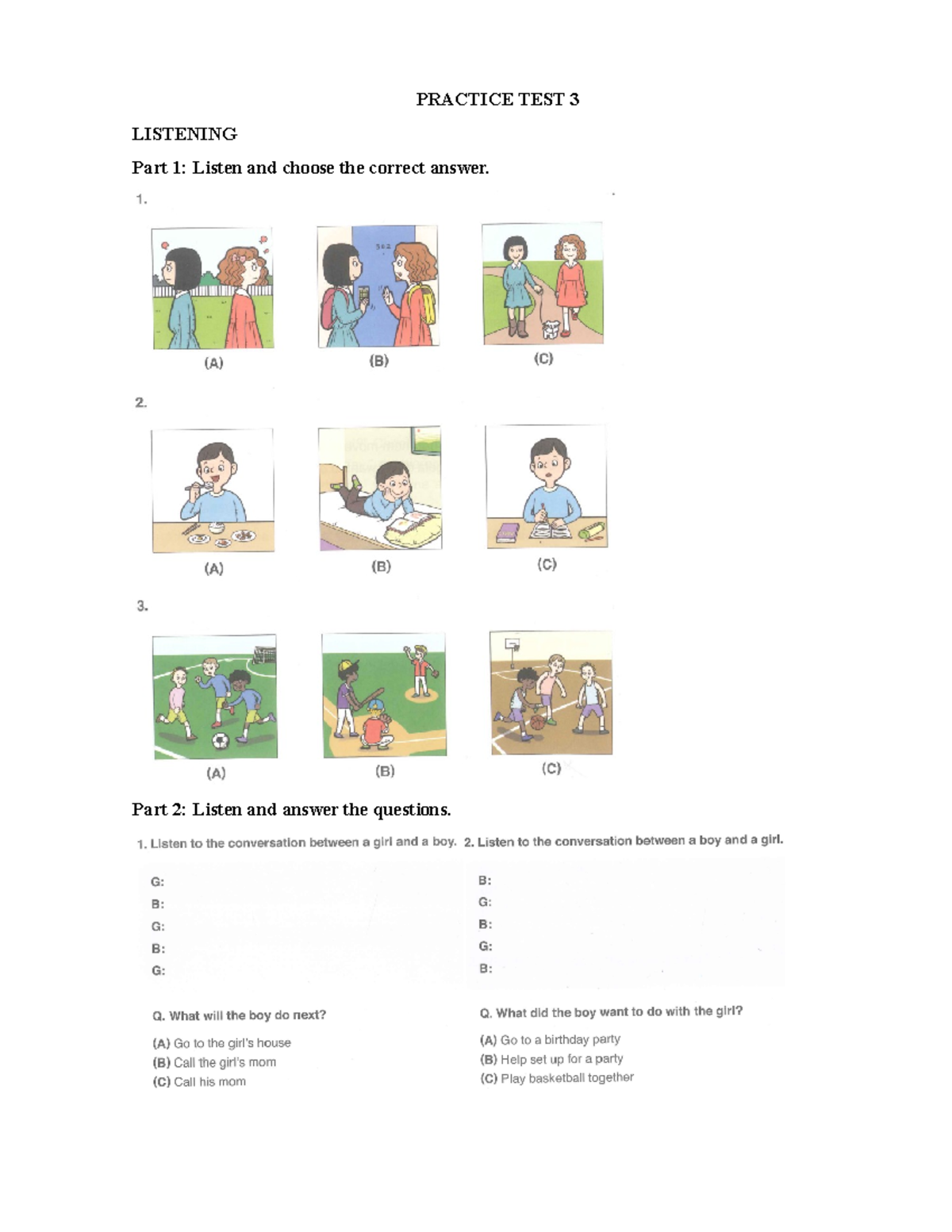 Practice TEST 3 - PRACTICE TEST 3 LISTENING Part 1: Listen and choose ...